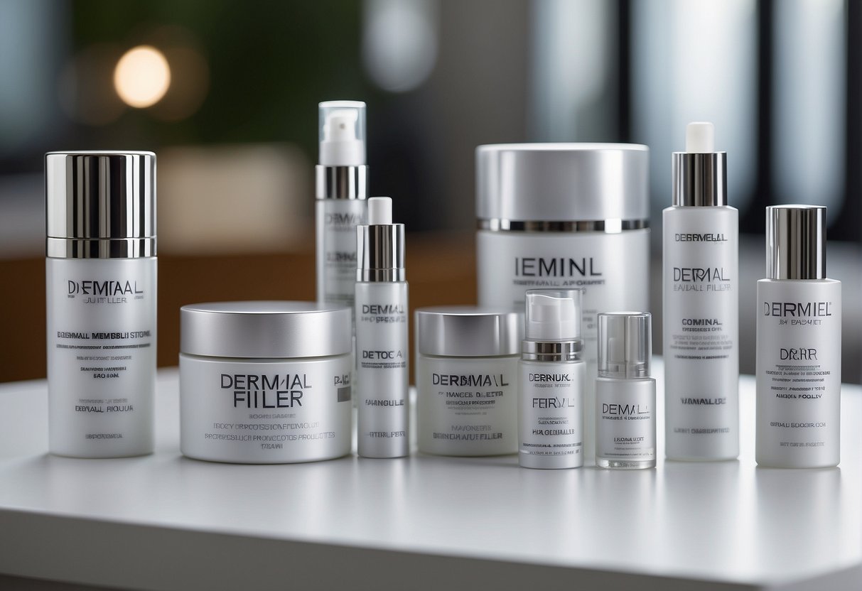 A table displaying various dermal filler products with promotional signage in a clinical setting