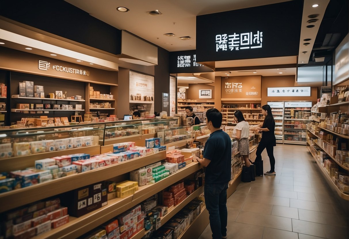 A busy store with customers browsing shelves, a prominent "Frequently Asked Questions" sign, and promotional displays for Eu Yan Sang products in Singapore