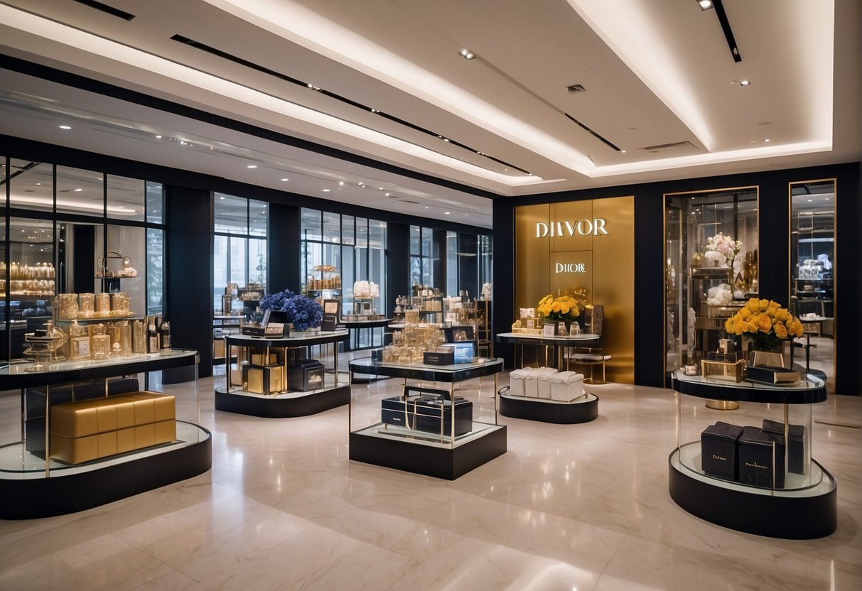 A colorful display of Dior promotions in Singapore, featuring elegant products and engaging signage
