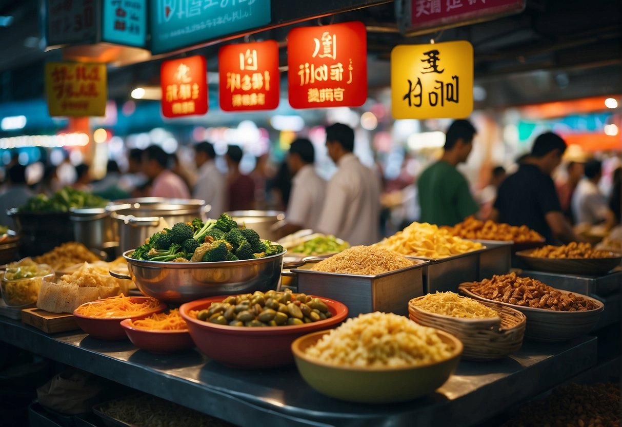 A bustling Singapore street market displays colorful signs advertising halal food promotions. Customers eagerly sample dishes from various vendors