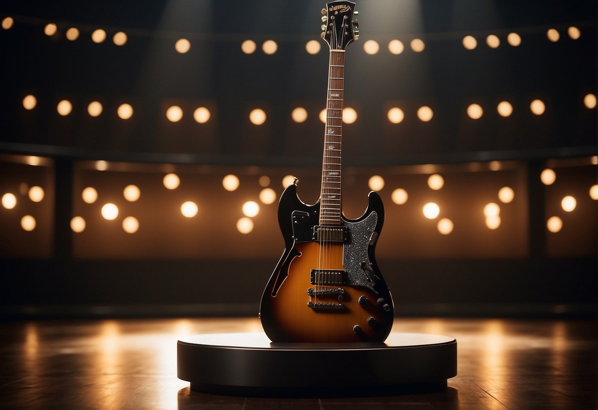 A sleek, modern guitar sits on a pedestal, bathed in spotlight. The backdrop features the words "Exclusive 2024 Guitar Promotions" in bold, elegant lettering