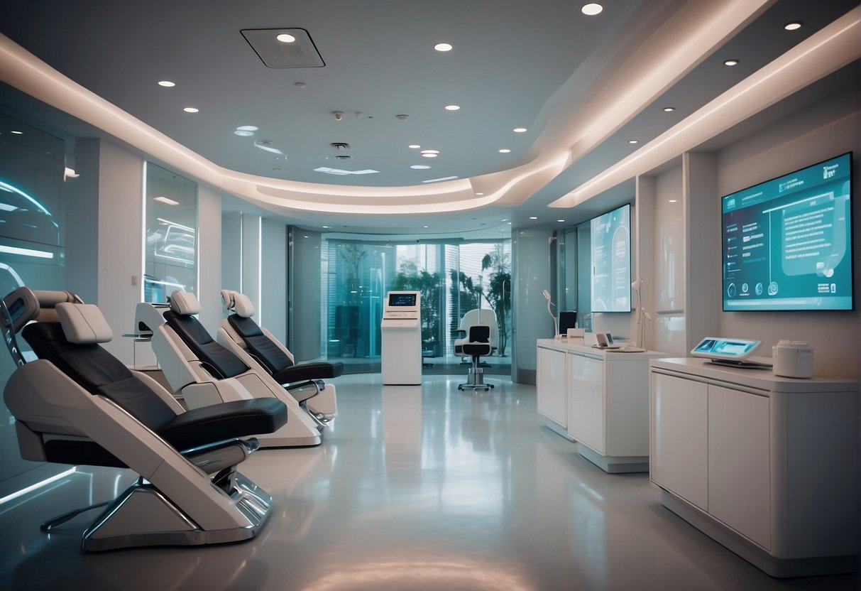 A futuristic clinic setting with sleek, minimalist decor. A holographic display showcases Dermal Filler promotions for 2024 in Singapore