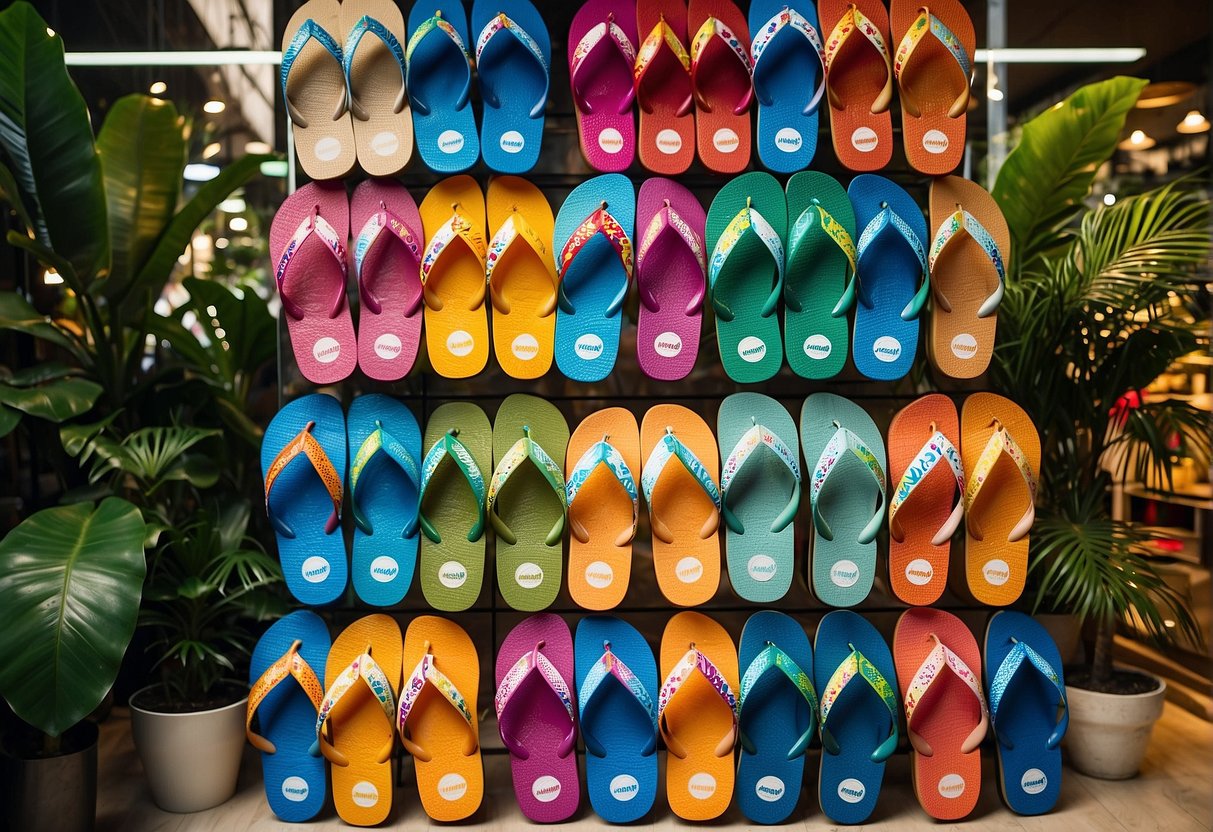 Colorful Havaianas flip-flops displayed in a vibrant Singaporean storefront, surrounded by promotional signage and tropical decor
