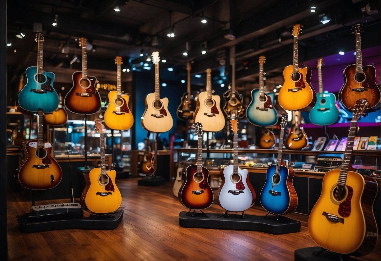 A guitar shop with bright lights and colorful displays, showcasing various promotions and deals in Singapore