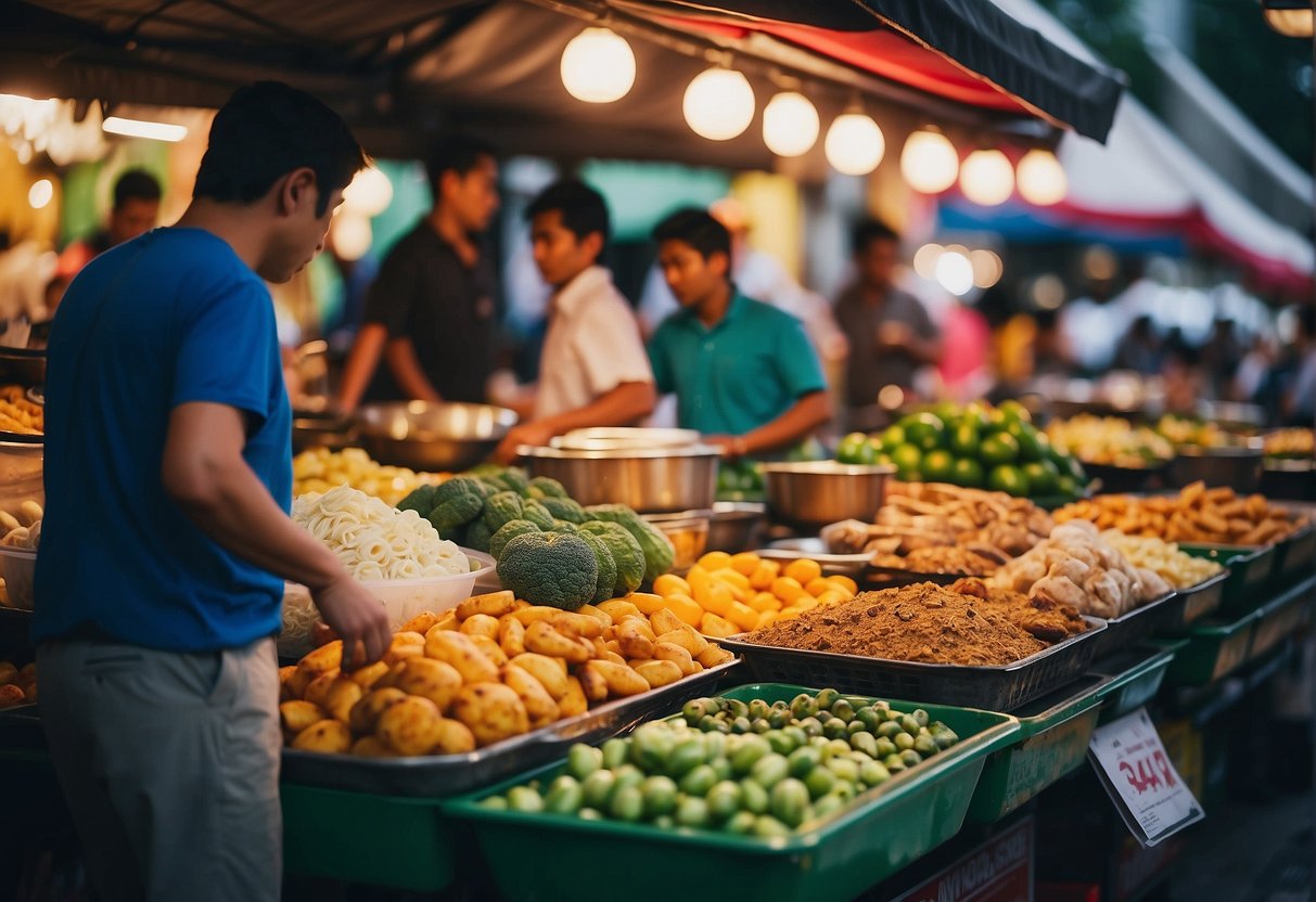 A bustling street market with colorful food stalls offering diverse halal cuisine deals in Singapore