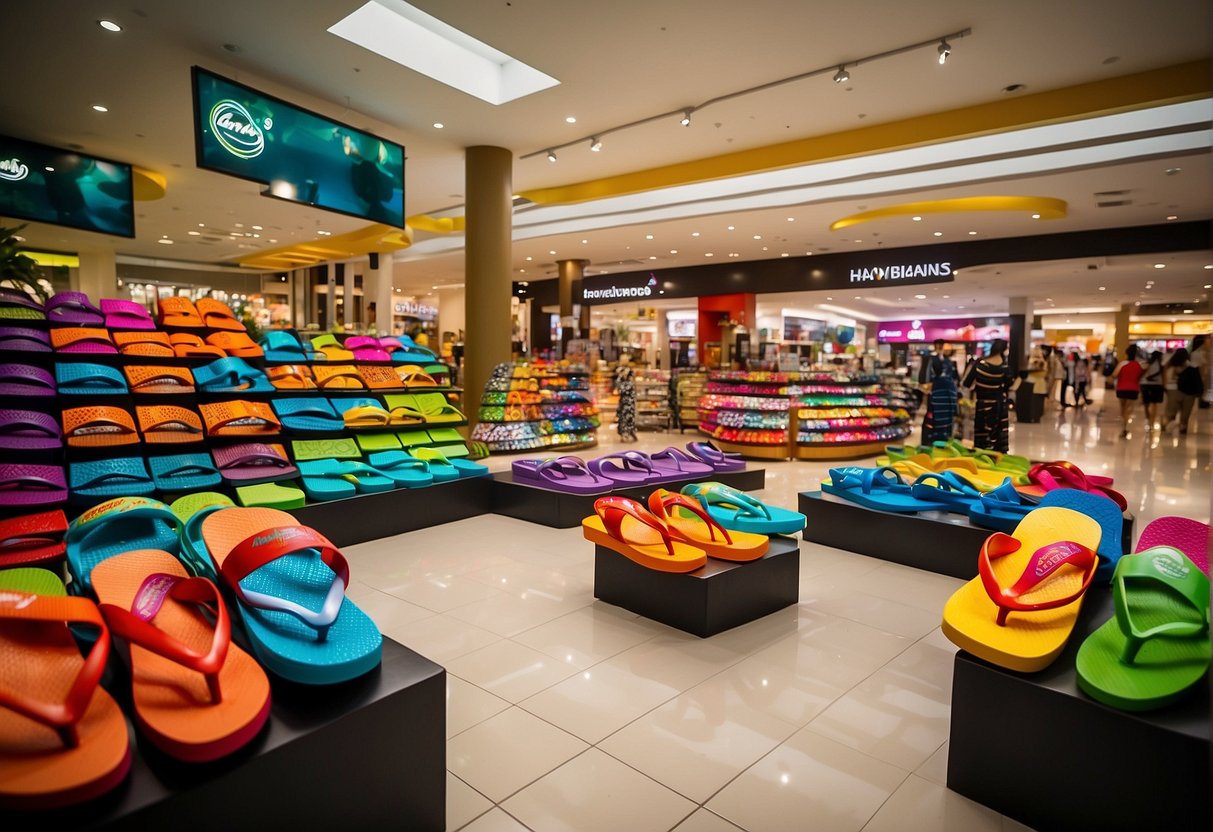A colorful display of Havaianas sandals with eye-catching promotions and discounts, surrounded by excited shoppers in a bustling Singapore store