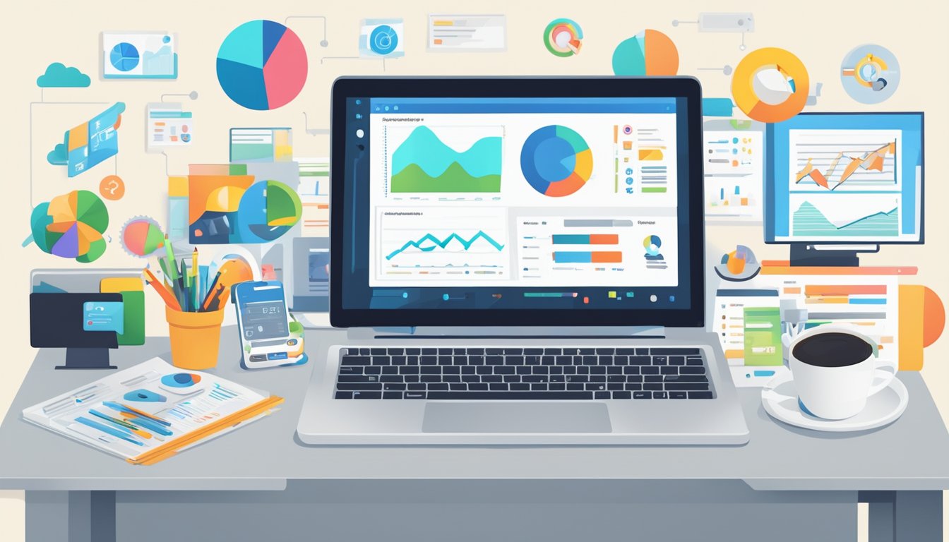 A laptop surrounded by various digital marketing tools and icons, with data analytics charts displayed on the screen