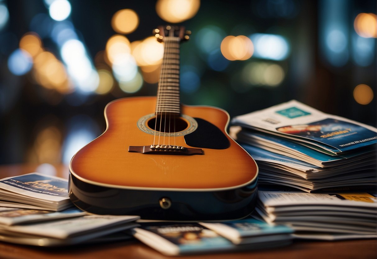 A guitar surrounded by promotional materials in a Singapore setting