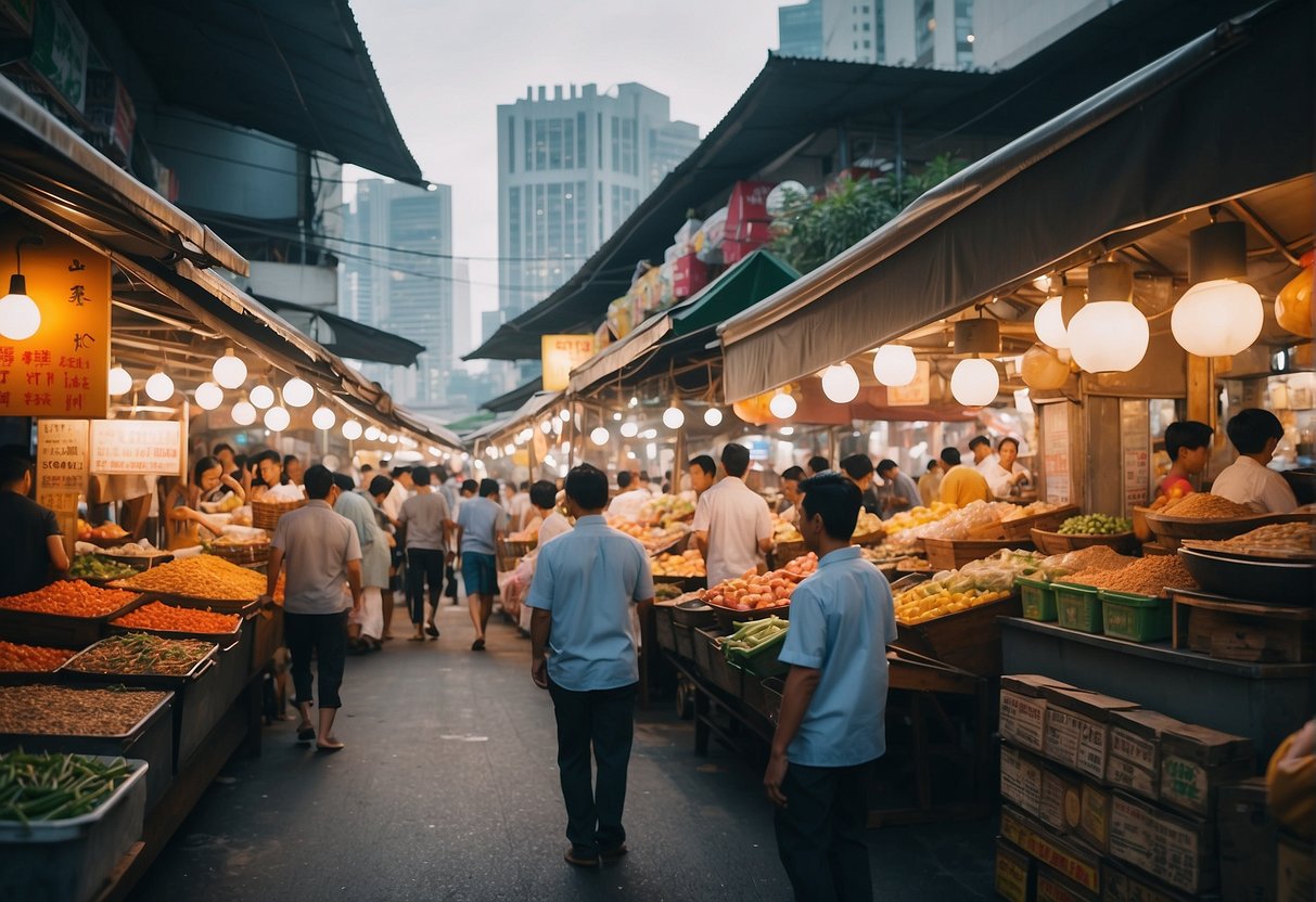 A bustling market with colorful halal food stalls and promotional signs in Singapore