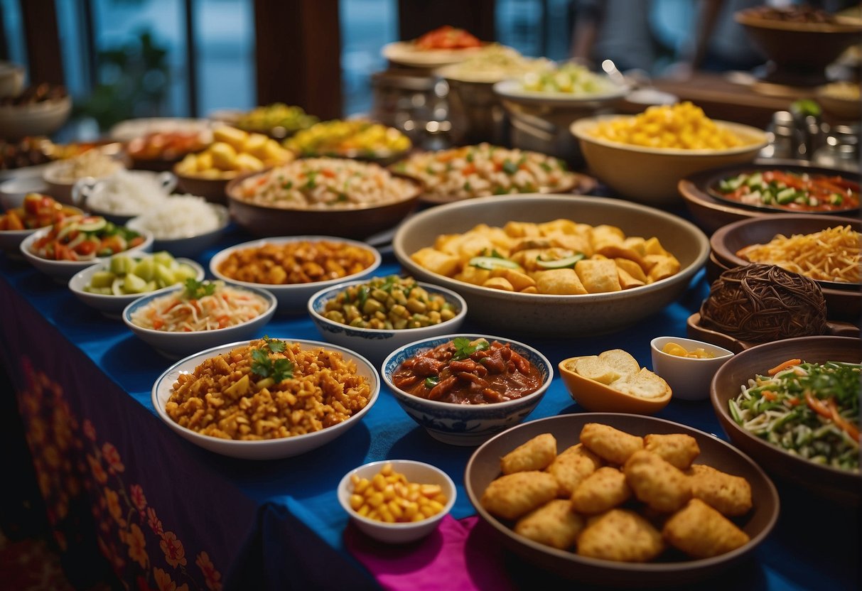 A colorful array of local and international dishes displayed on a buffet table, with vibrant decorations and signage promoting July promotions in Singapore
