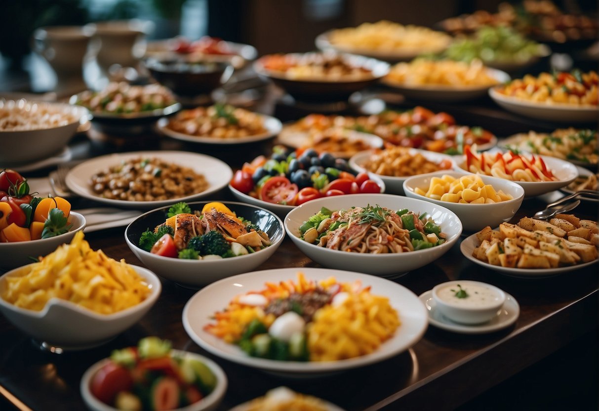 A colorful array of delectable dishes displayed on a buffet table, with enticing signage promoting the latest July promotions in Singapore