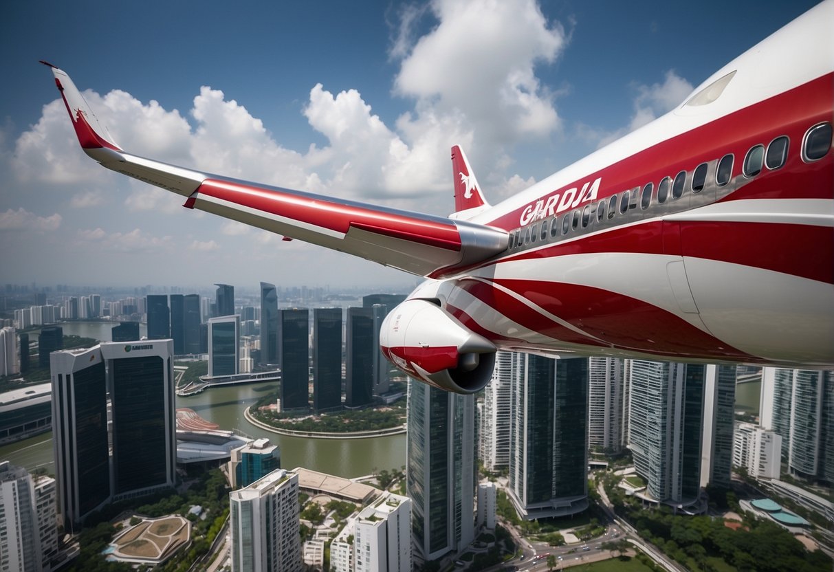 A red and white Garuda Singapore airplane flies over a city skyline, with promotional banners visible on its exterior