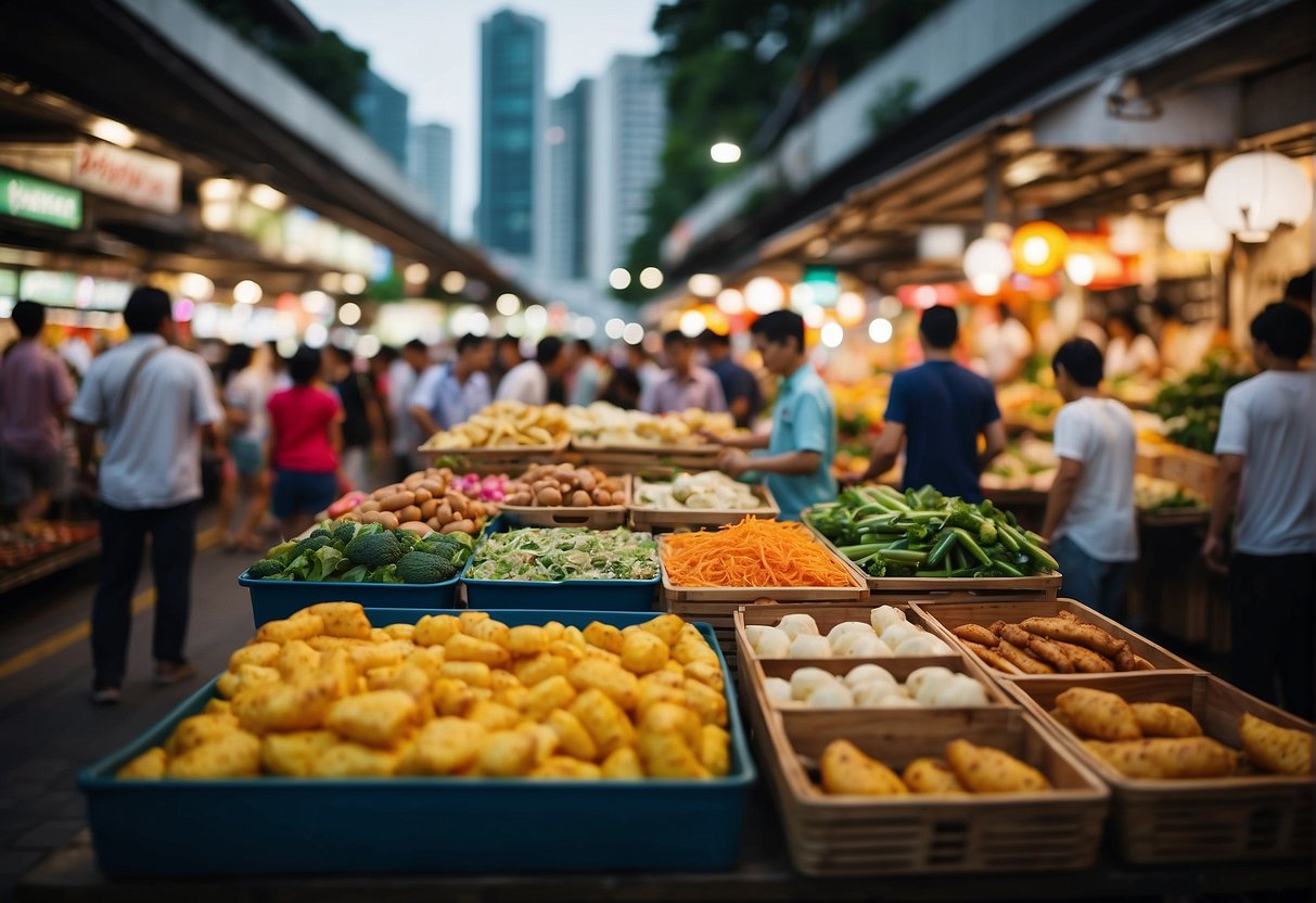 A bustling street market with colorful banners and signs advertising various food promotions in Singapore. Tables are filled with delicious dishes and vendors are calling out to passersby