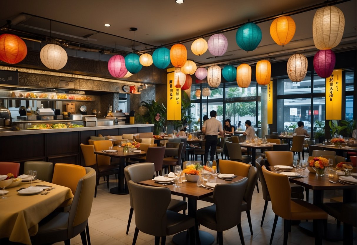 A crowded restaurant with colorful banners advertising "Exciting Dining Deals in Singapore" and a diverse array of dishes on tables