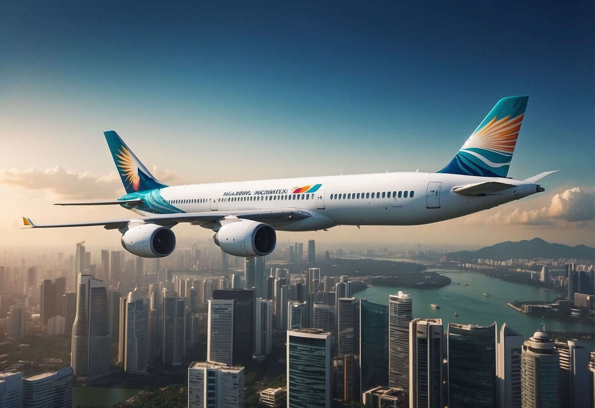 A Garuda Indonesia airplane soaring above the Singapore skyline, with a prominent display of exclusive promotions on its exterior