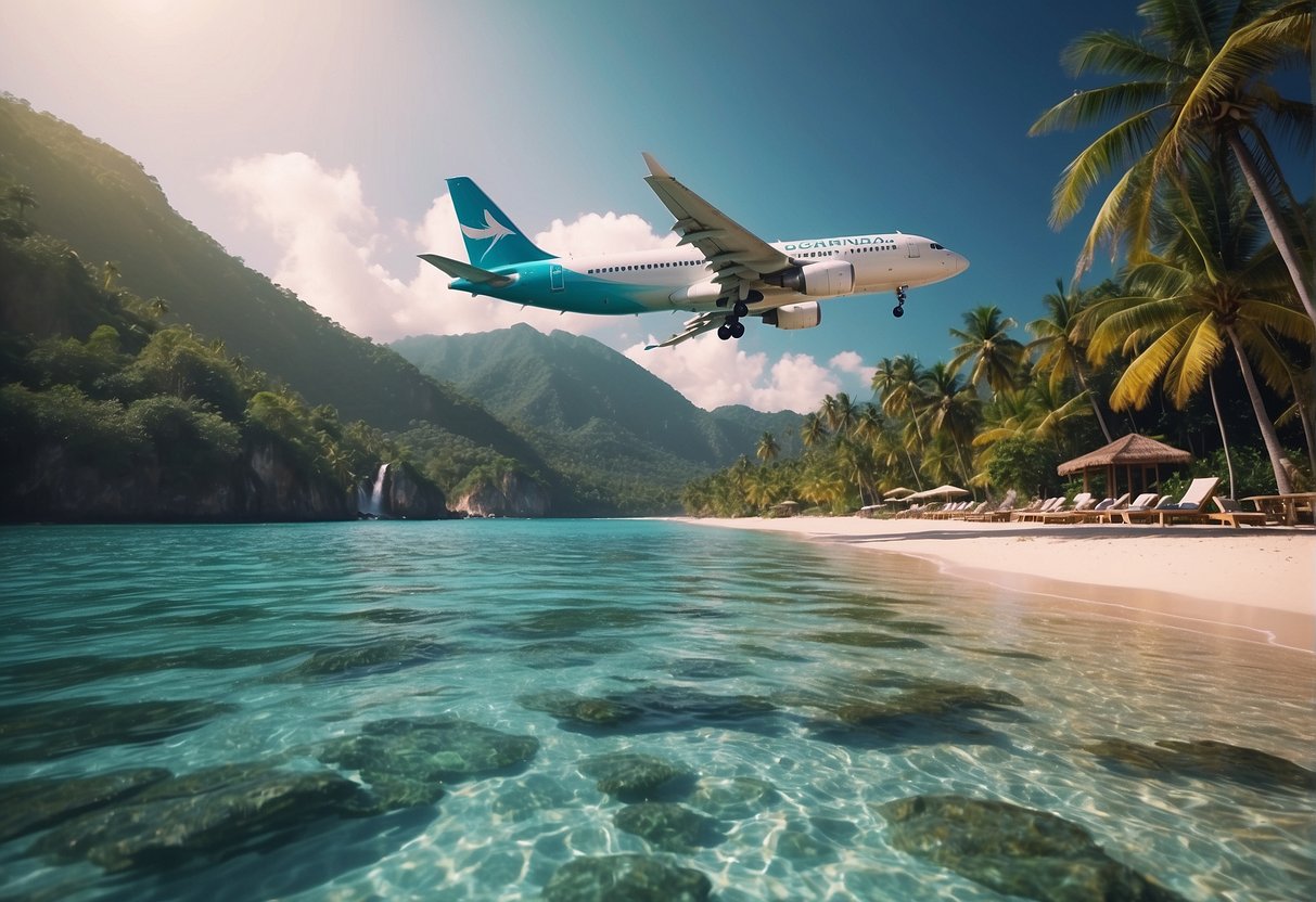 A vibrant tropical beach with crystal-clear waters and lush palm trees, with a Garuda Indonesia airplane soaring overhead. Vibrant colors and a sense of adventure