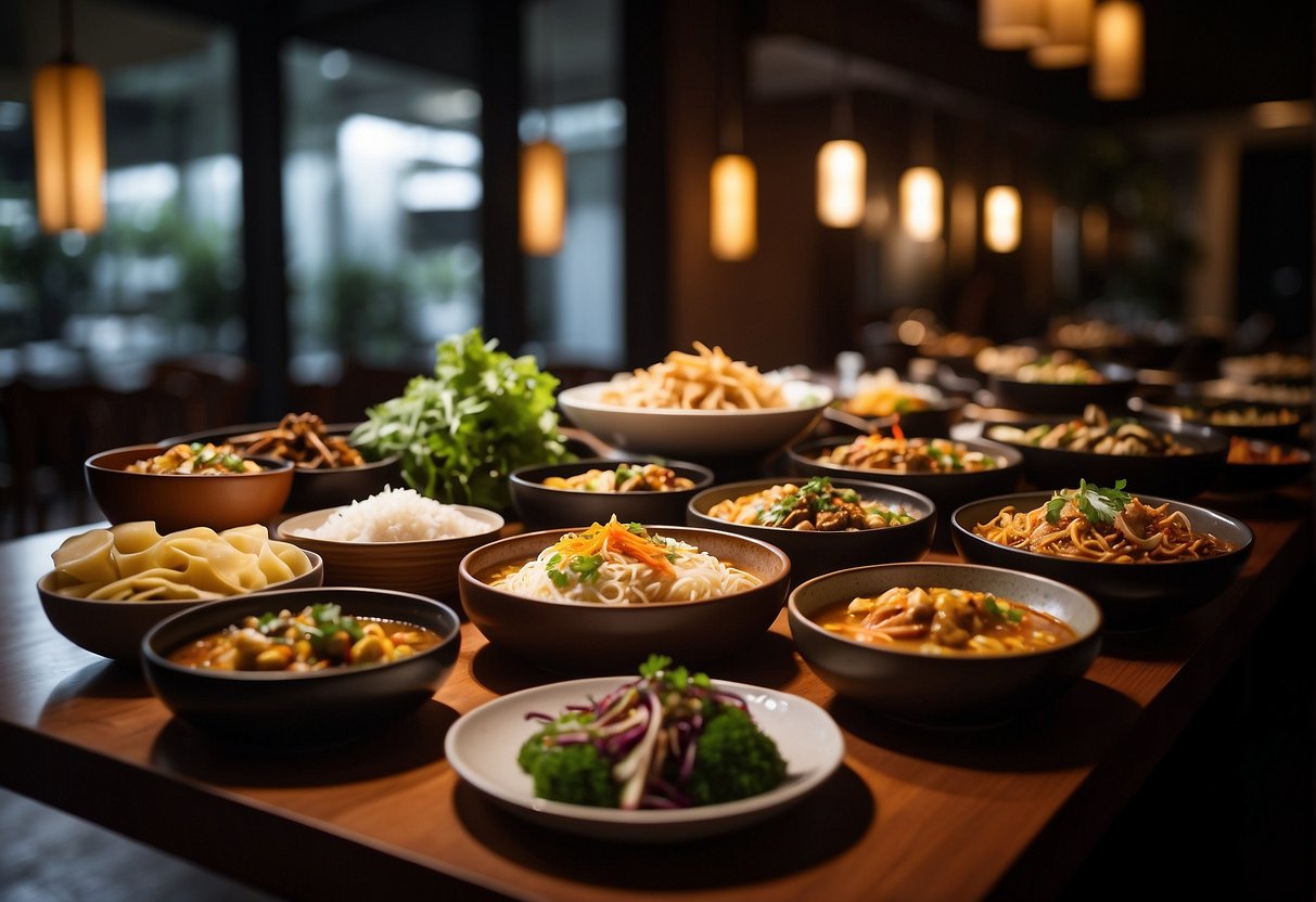 A spotlight shines on a table filled with various Asian cuisine dishes, showcasing food promotions in Singapore