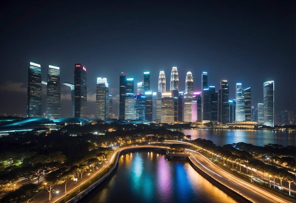 A vibrant cityscape with iconic Singapore landmarks and a prominent Google AdWords logo displayed prominently