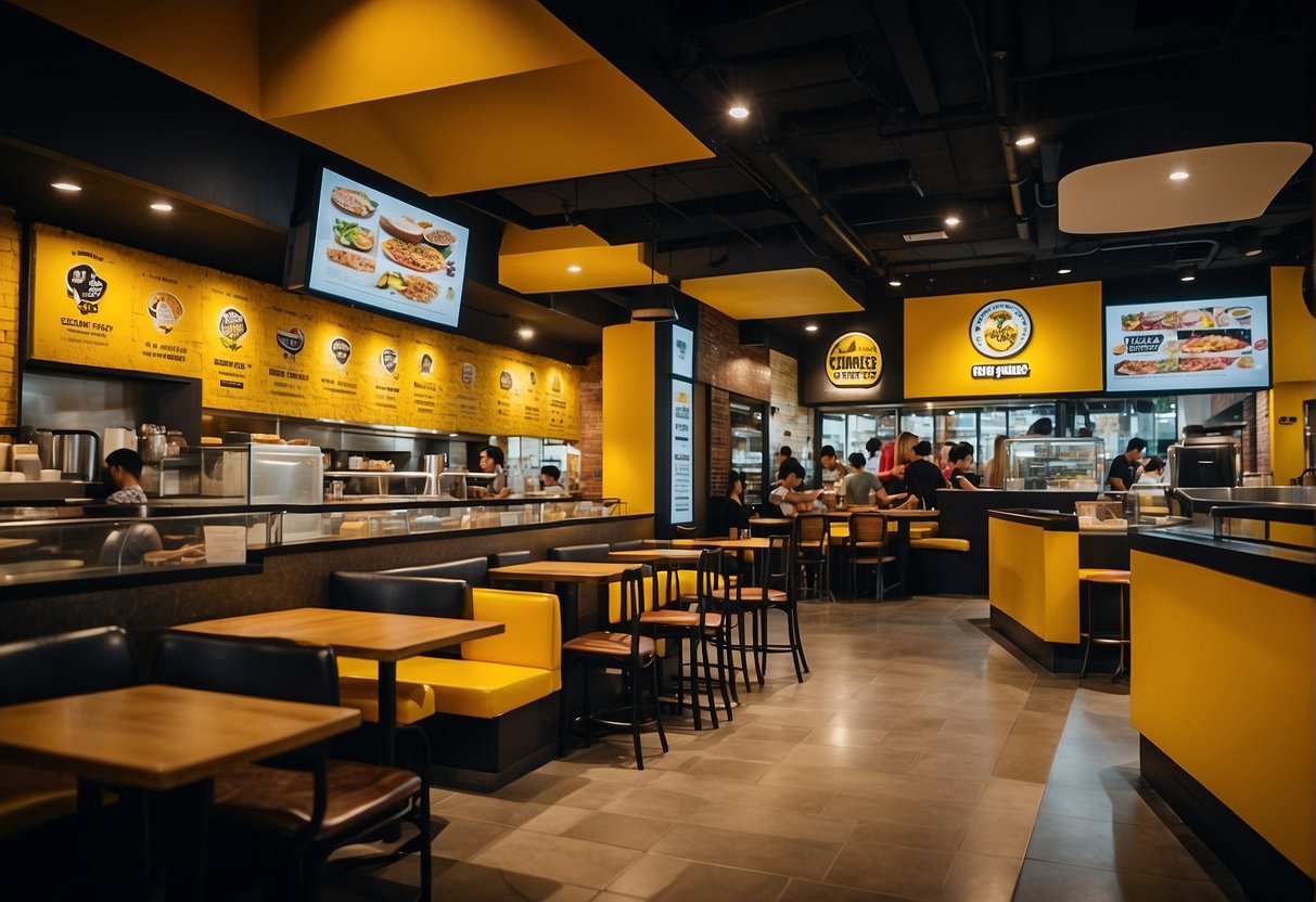 A vibrant Guzman y Gomez restaurant in Singapore, bustling with customers enjoying promotions and colorful decor