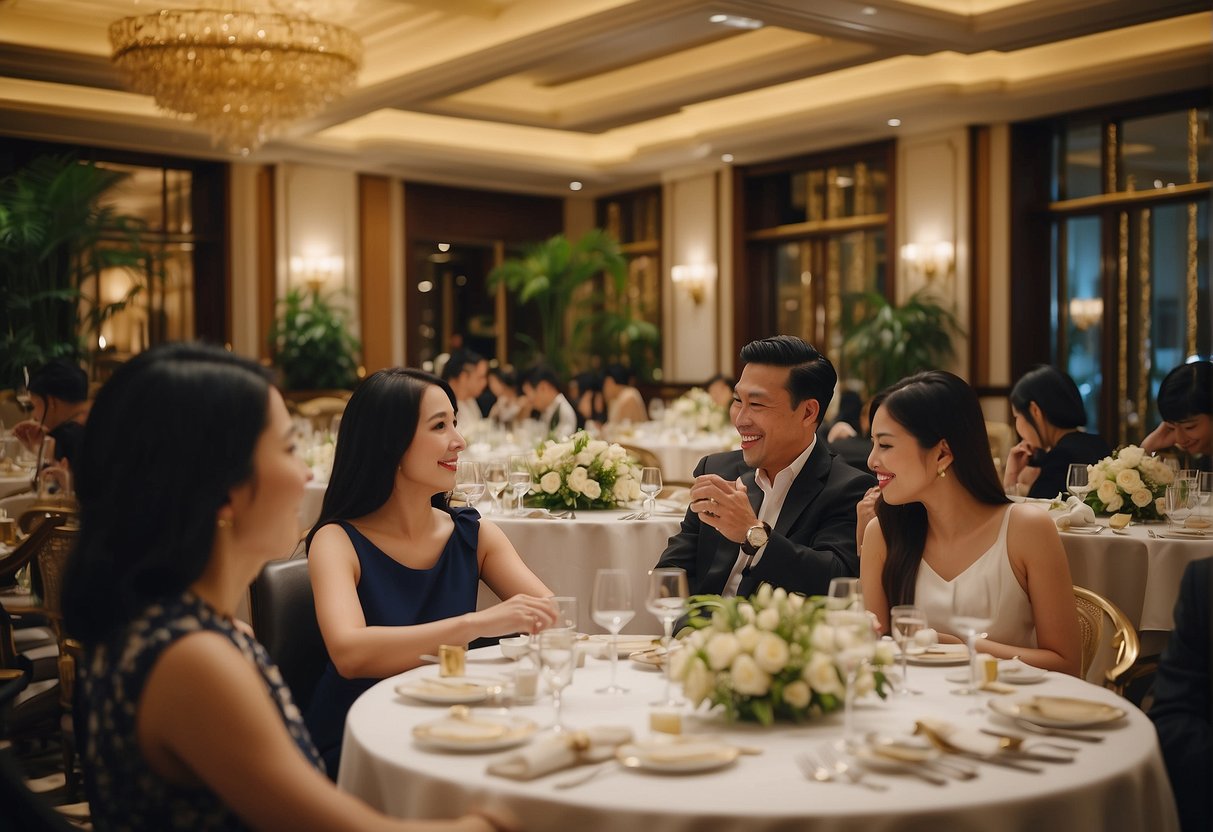 Guests enjoying lavish dining and spa treatments at Fullerton Hotel, surrounded by elegant decor and serene ambiance
