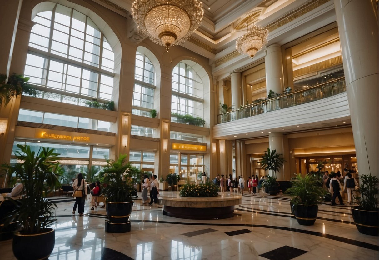The Fullerton Hotel in Singapore is bustling with activity as guests inquire about the latest promotions. The lobby is adorned with elegant decor, and the staff is seen assisting visitors with their inquiries