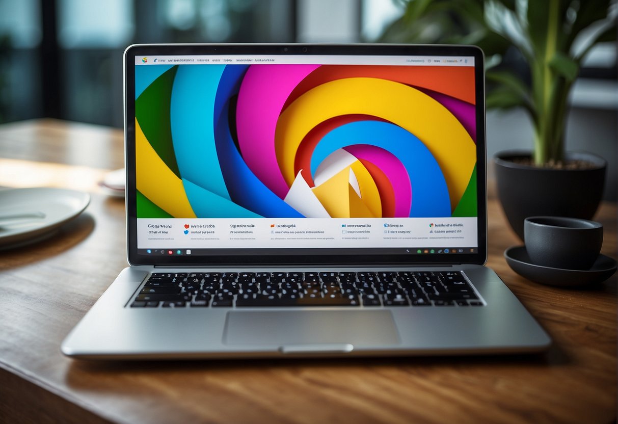 A laptop displaying Google Ads with the Singapore promo code, surrounded by vibrant colors and eye-catching graphics