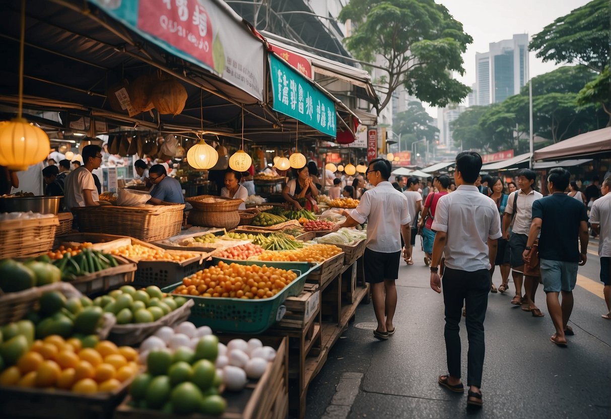 A bustling street market with colorful food stalls and banners advertising "Frequently Asked Questions" food promotions in Singapore