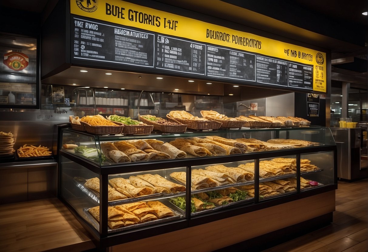 A colorful display of burritos with promotional signs at Guzman y Gomez in Singapore. Bright lights and enticing offers create an inviting atmosphere