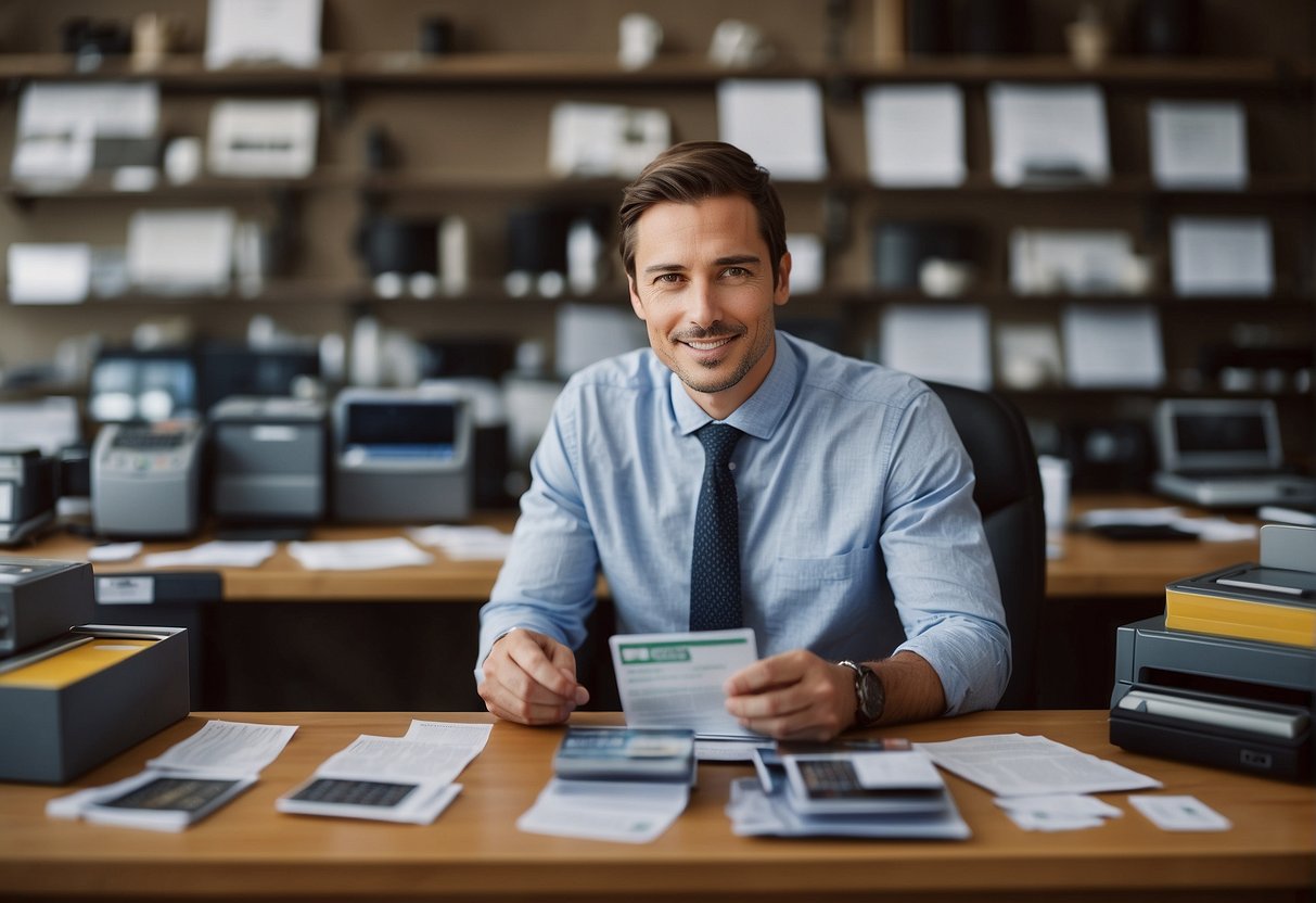 A business owner sits at a desk, surrounded by credit card offers. They are researching Google AdWords promotional codes for their business growth
