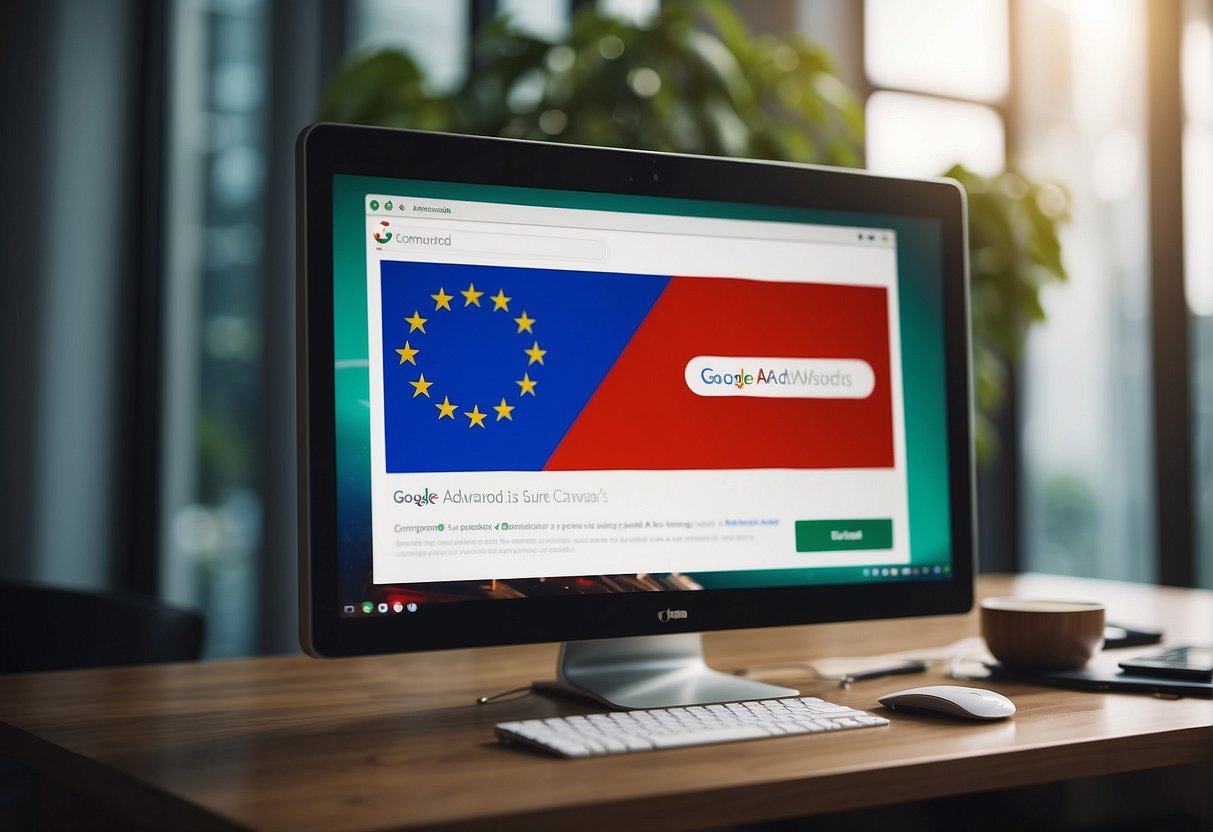 A computer screen displaying a Google Adwords promotional code with a Singaporean flag in the background