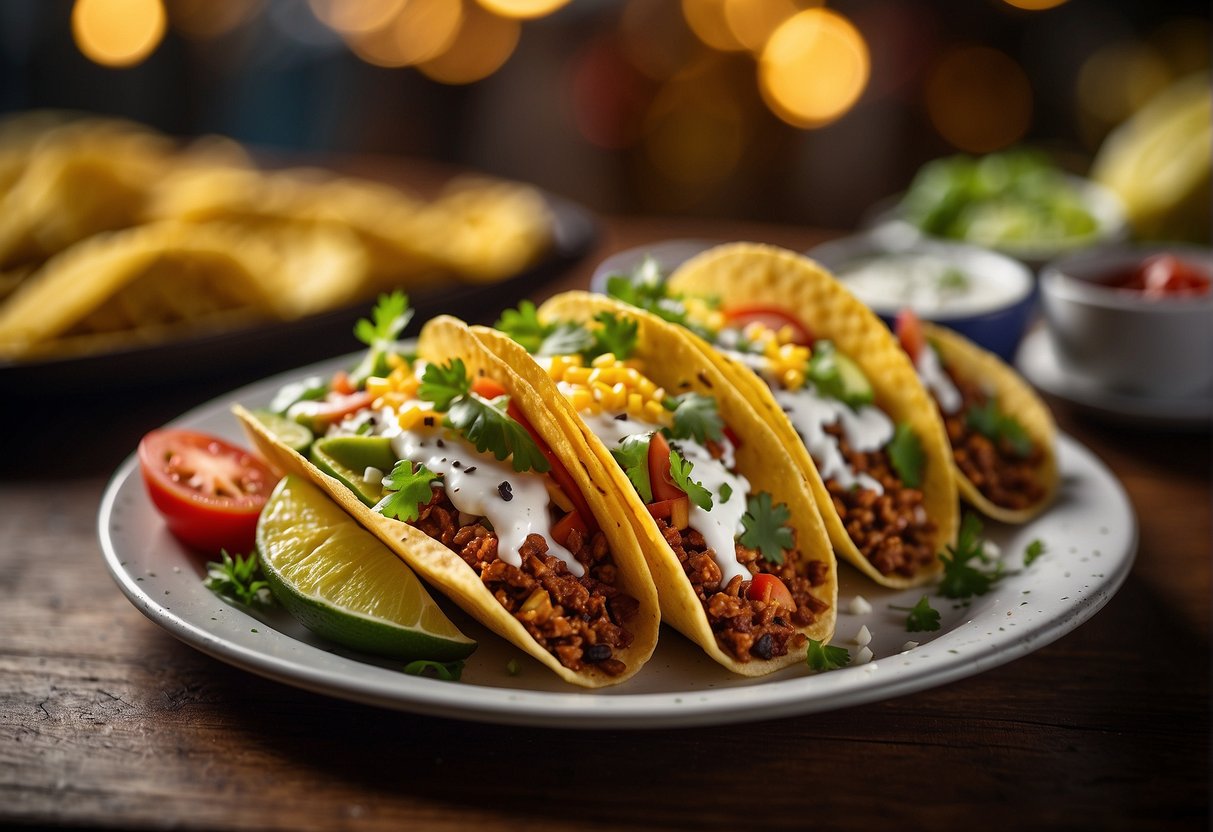 A sizzling taco on a vibrant plate with a "Guzman y Gomez" logo in the background, surrounded by promotional signs and festive decorations