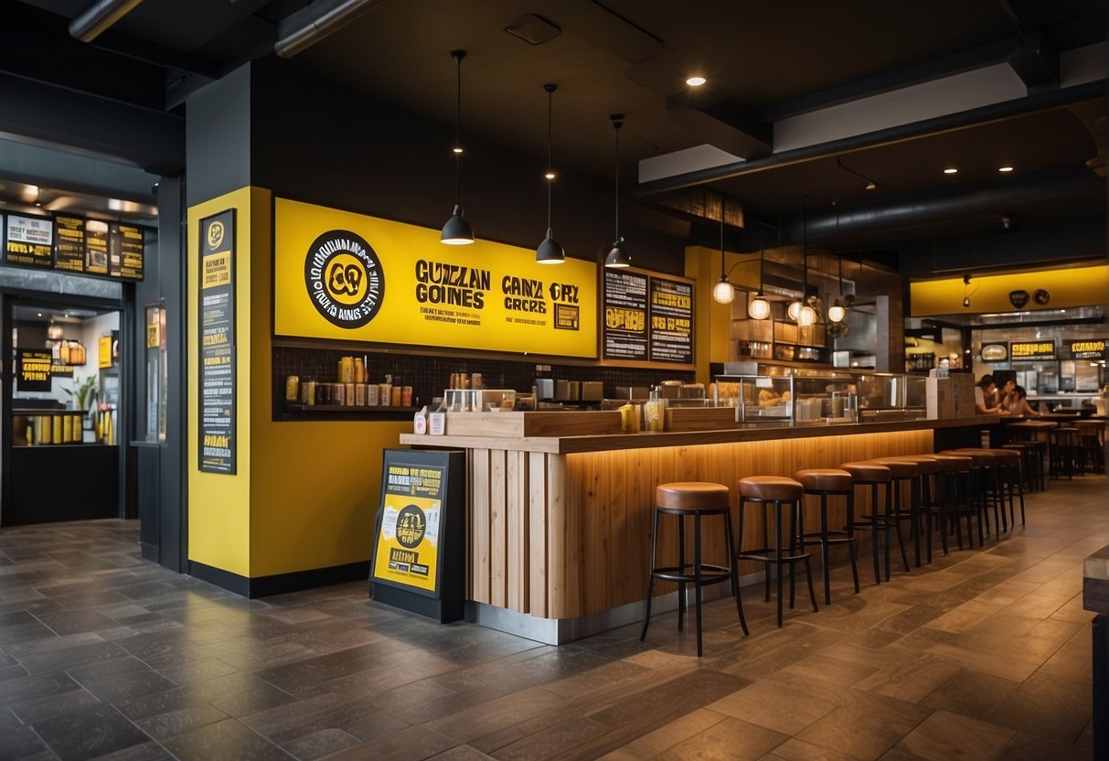 A colorful promotional display with Guzman y Gomez branding and FAQ signage in a busy Singapore restaurant