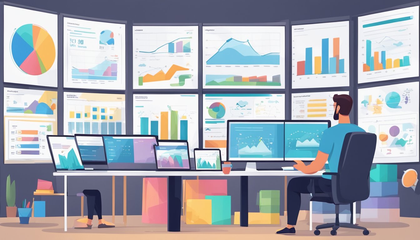 A digital marketing strategist analyzing data and creating advertising campaigns. Multiple screens display graphs and charts, while a brainstorming board shows ideas