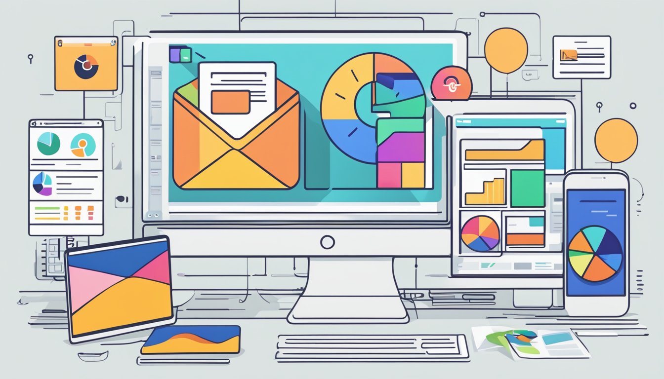 A computer screen displaying an email marketing dashboard with graphs and statistics, surrounded by digital devices and marketing materials