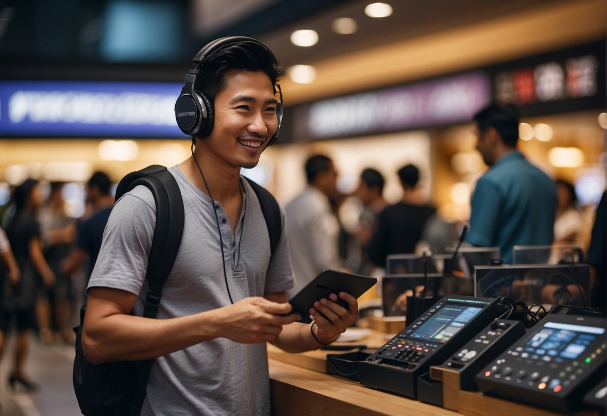 A person in Singapore buying headphones with a promotional sign in the background