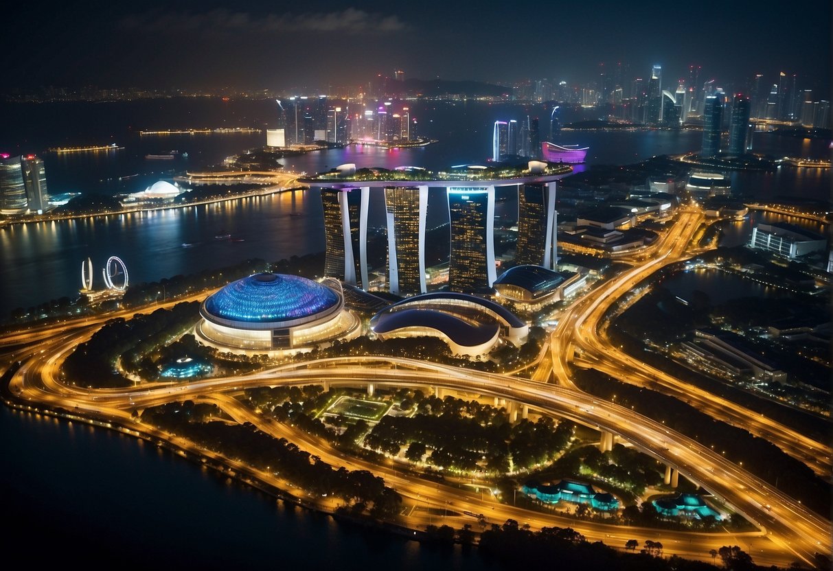A vibrant cityscape with iconic Singapore landmarks, bustling streets, and colorful promotional banners for Hismile