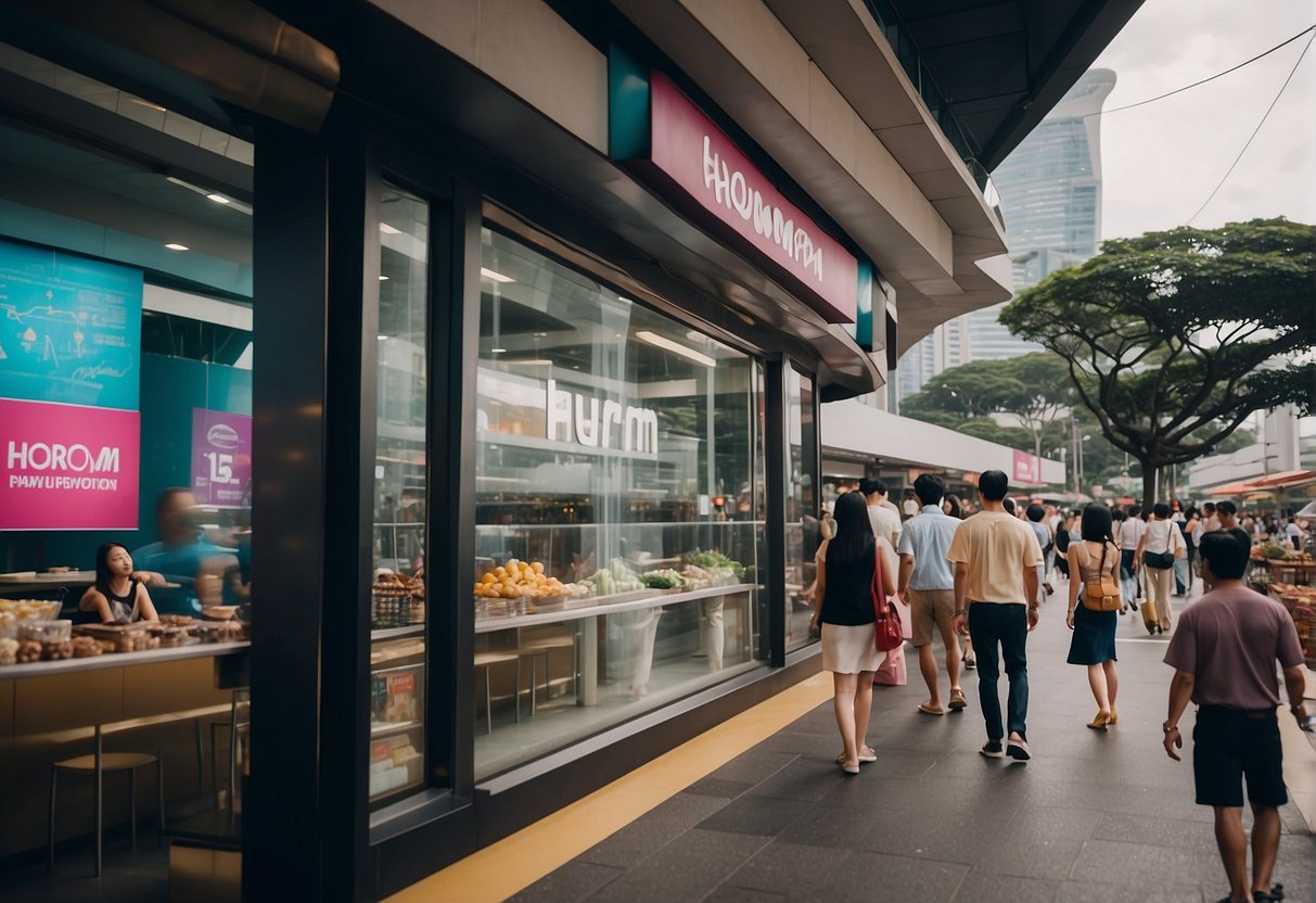 A bustling Singapore street with vibrant Hurom promotions signage and a crowd of people passing by