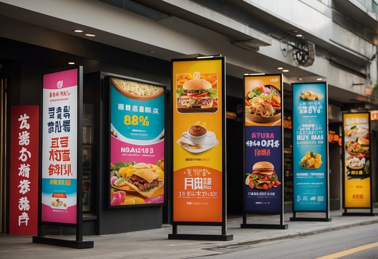 Brightly colored banners and signs promoting current deals and promotions at Hanamasa in Singapore