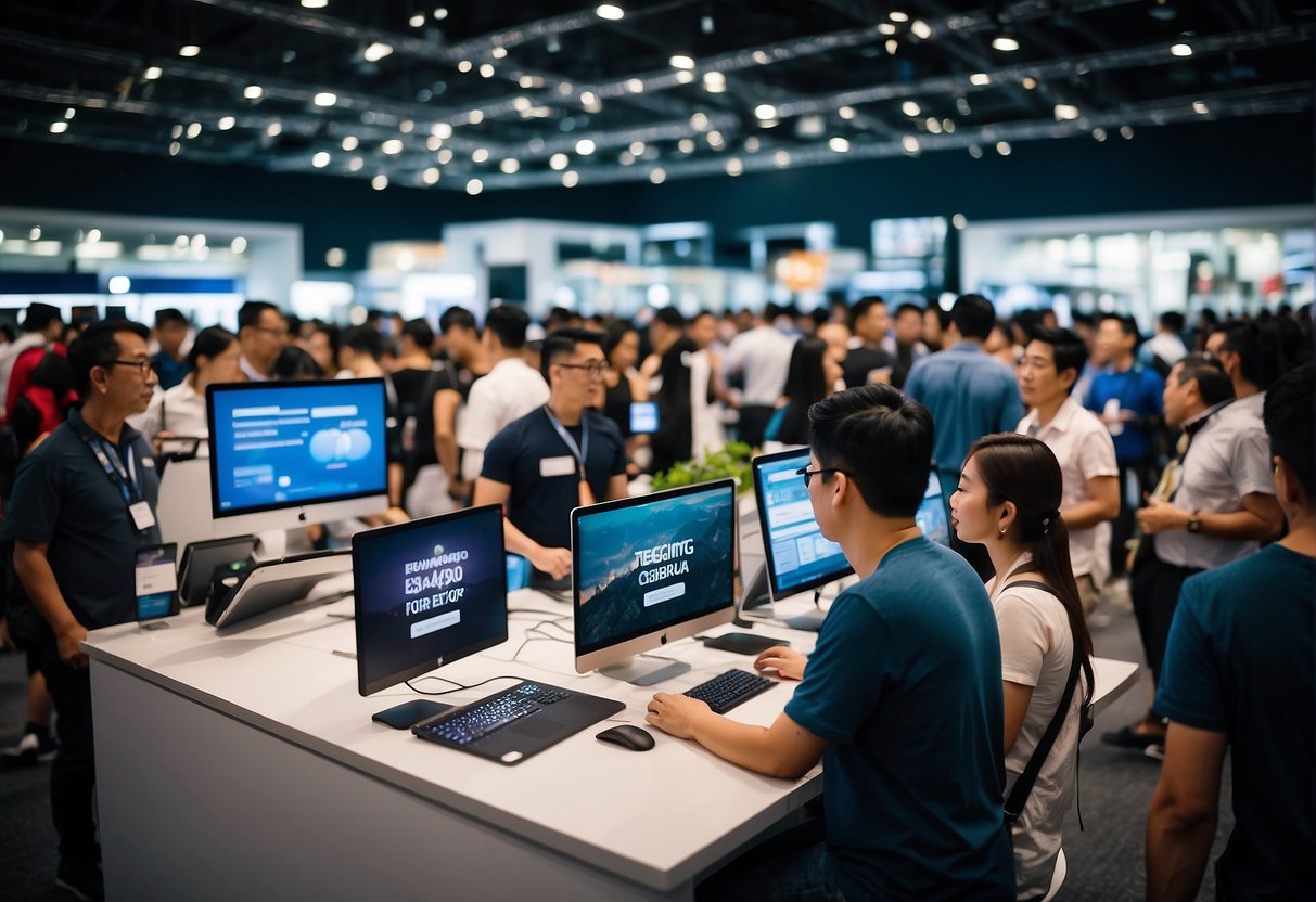 A bustling tech expo with IMAC Promotions signage, crowds browsing and engaging with the latest gadgets and electronics in Singapore