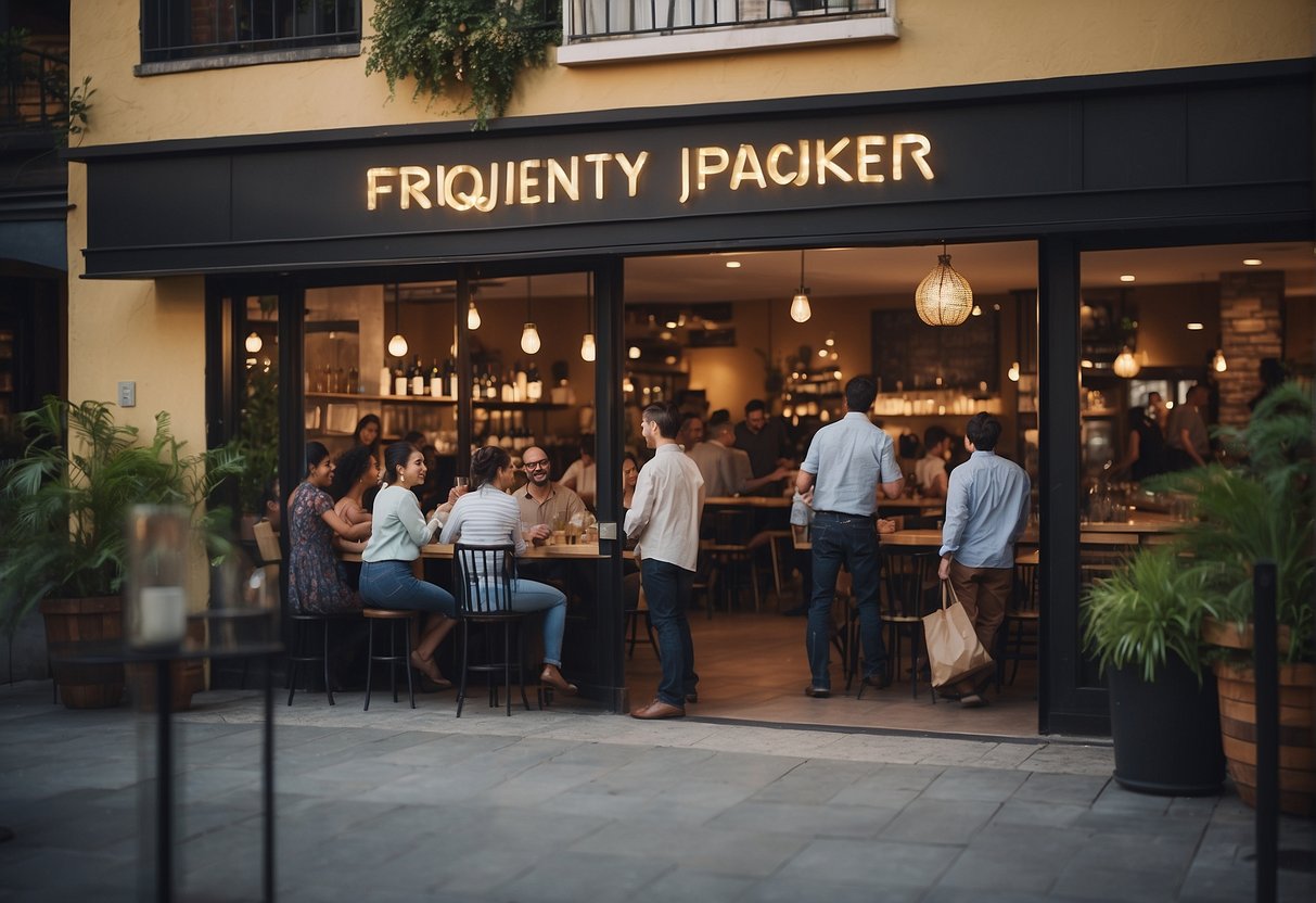 A bustling restaurant with a prominent "Frequently Asked Questions" sign above the entrance, surrounded by excited customers and staff