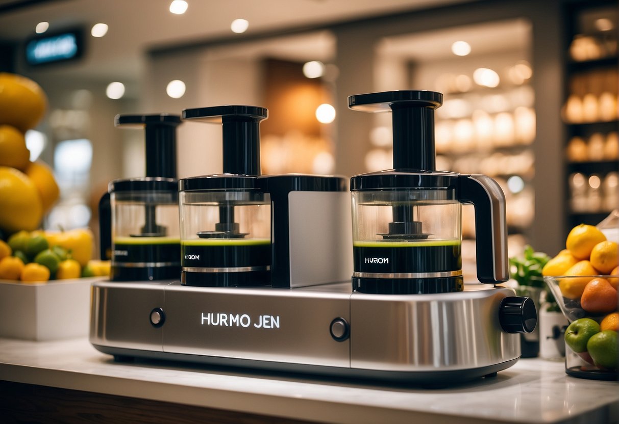 A sleek, modern display of 2024 Hurom juicers with bold "Exclusive Promotions" signage in a bustling Singapore storefront