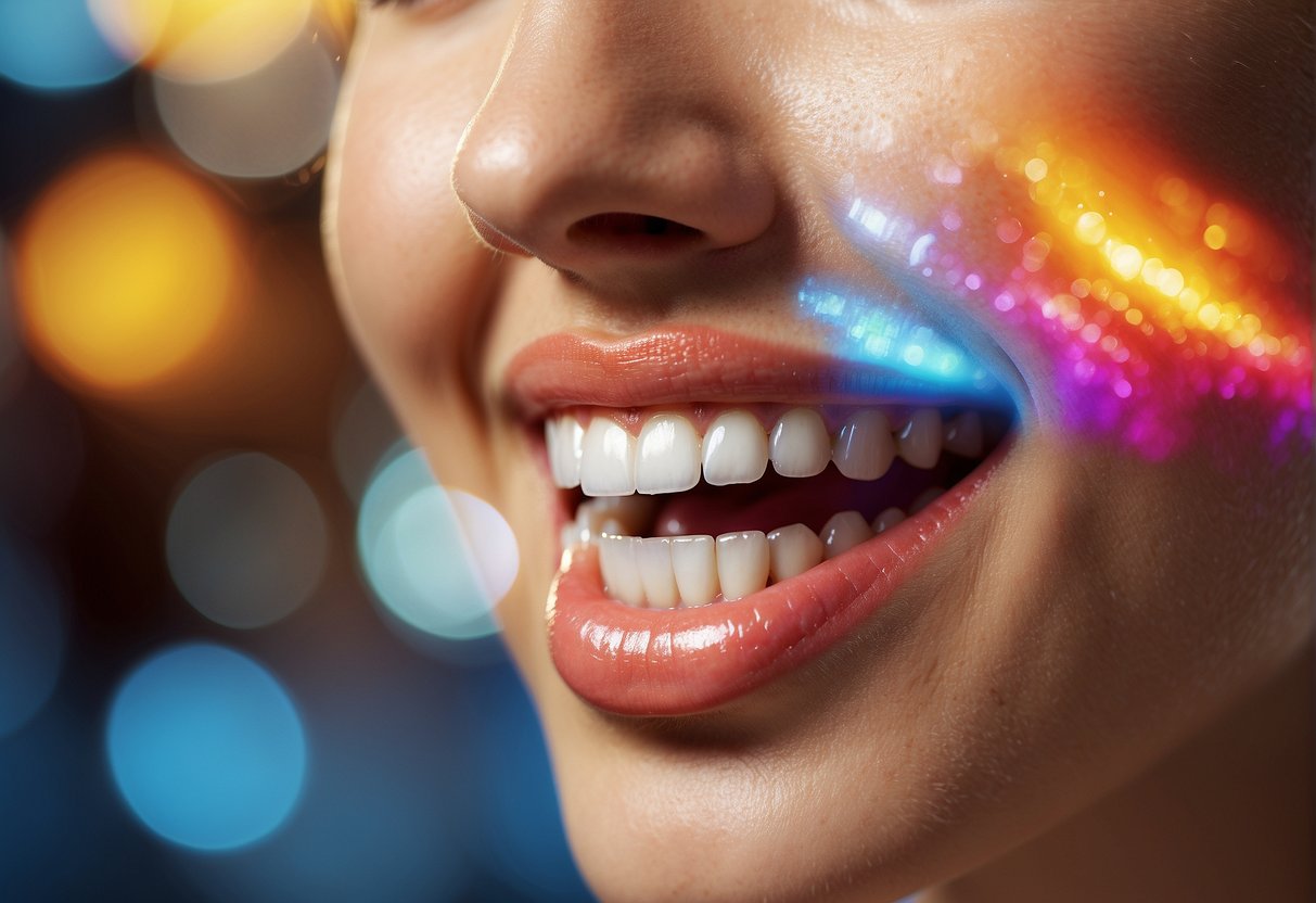 A bright, sparkling smile shines from a promotional banner, surrounded by vibrant colors and bold text advertising exciting teeth whitening promotions