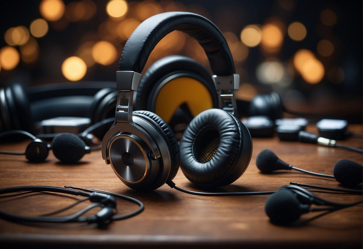 A table covered in various styles of headphones, with promotional signs and banners displayed around the room