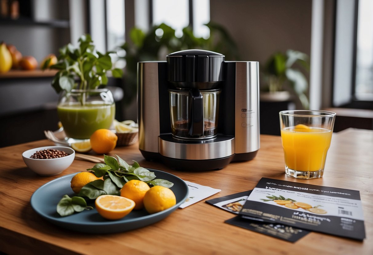 A table with a stack of brochures, a promotional banner, and a display of Hurom juicers