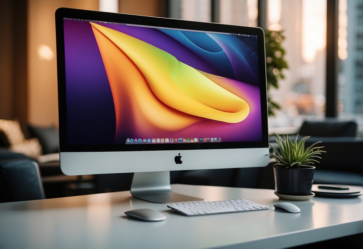 A sleek iMac sits on a clean, modern desk. Bright, colorful Apple promotions surround it, showcasing the latest deals in Singapore
