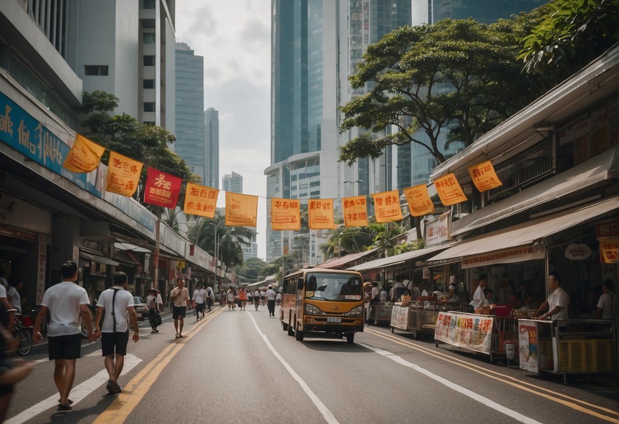 A bustling street in Singapore, with colorful banners for "Hood and Hob Promotions" adorning the storefronts. People passing by, and the vibrant energy of the city