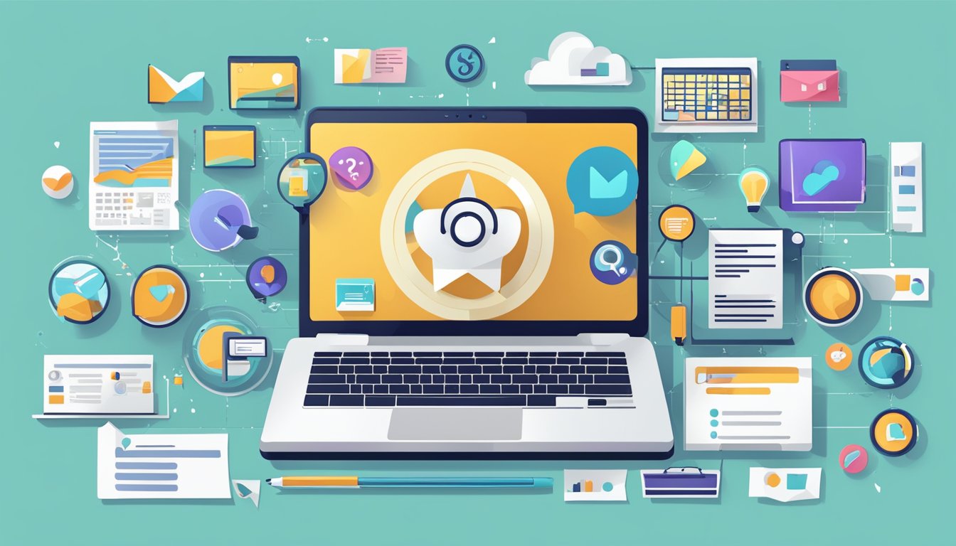 A laptop surrounded by various marketing icons and symbols, with a list of frequently asked questions displayed on the screen