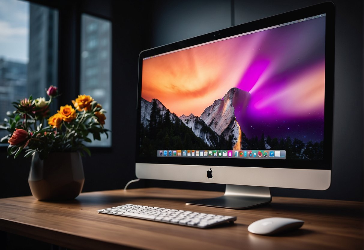 An iMac sits on a sleek desk, surrounded by Apple accessories. The screen displays a vibrant image promoting iMac promotions in Singapore