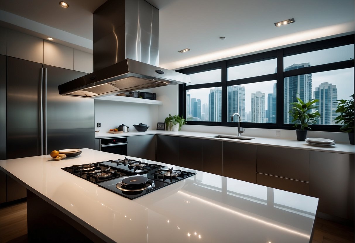 A sleek, modern kitchen with a stainless steel hood and hob, featuring prominent promotional signage for the latest cookware promotions in Singapore