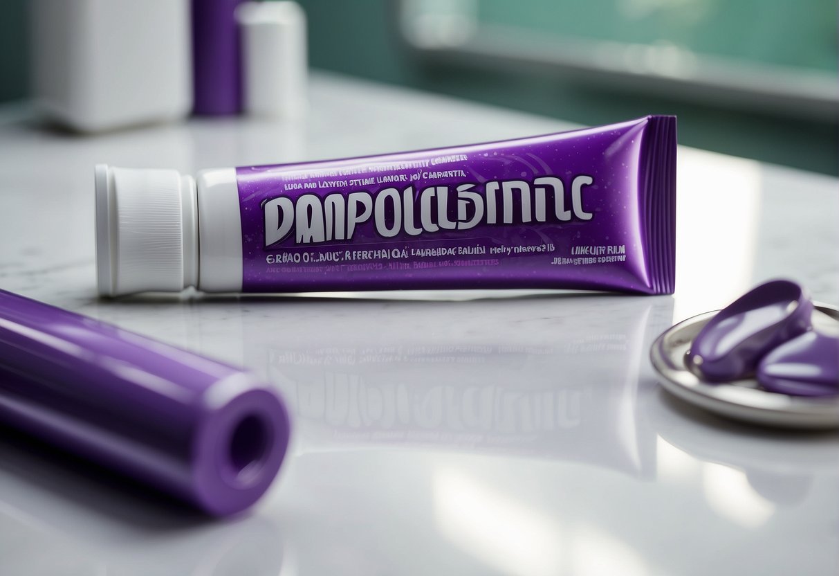 A vibrant tube of purple toothpaste stands out among other products on a sparkling white bathroom countertop